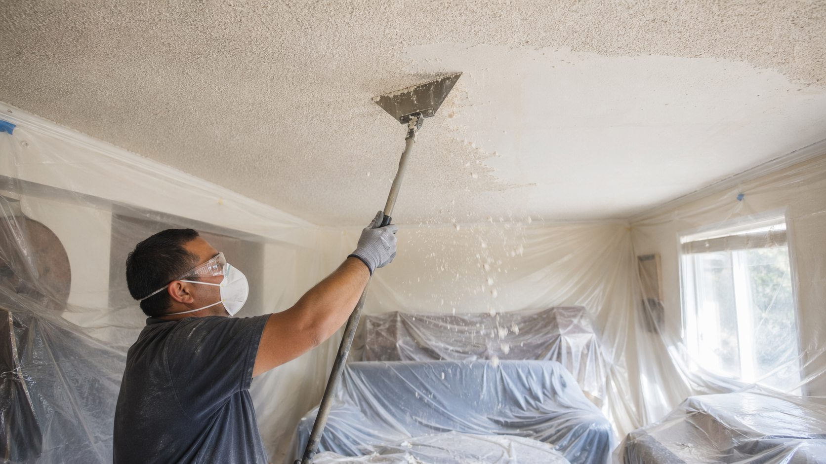 Popcorn ceiling removal in progress — Jupiter FL home, plastic sheeting protecting furniture